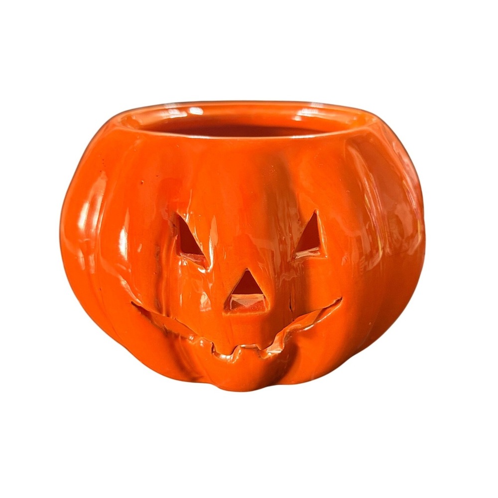 Rare Vintage Italian Ceramiche Tadinate Orange Ceramic Pumpkin Jack-O-Lantern